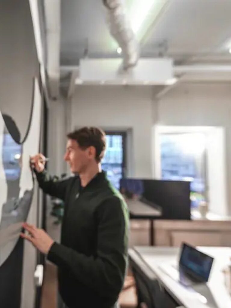 Business analist tekent een proces uit op het whiteboard